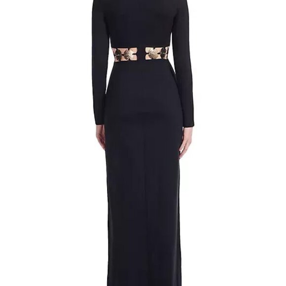 STAUD BLACK DELPHINE GOLD LOGO COIN CUTOUT MAXI DRESS BLACK SZ 8 LONG SLEEVE - Picture 12 of 15
